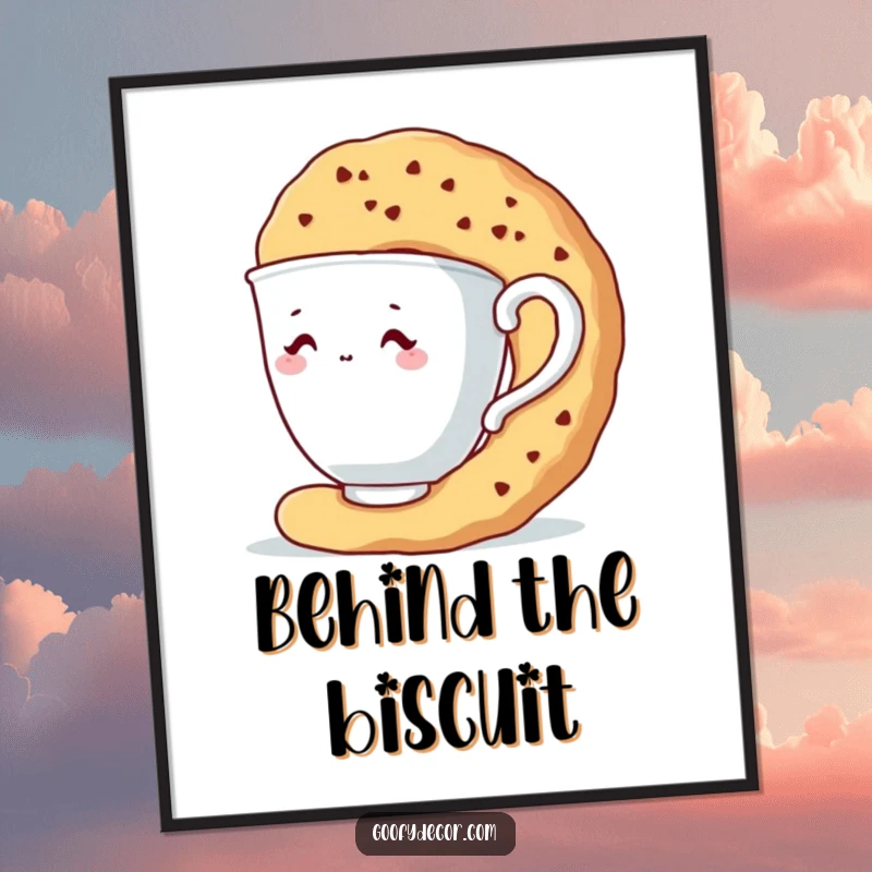 Funny digital art print of a shy teacup character hiding behind a giant biscuit.