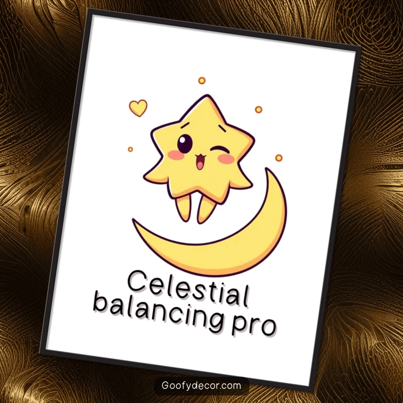 Funny digital art print of a surprised star character winking while balancing on a crescent moon, offering instant celestial humor and charm.