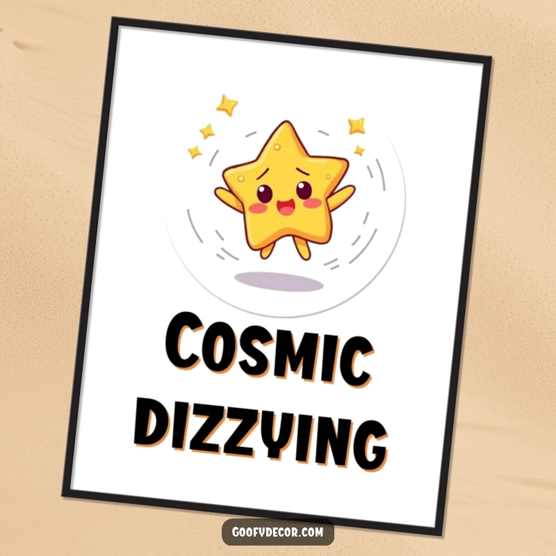 Funny digital art print of a startled star character spinning rapidly in a dizzying dance, ready for instant download.