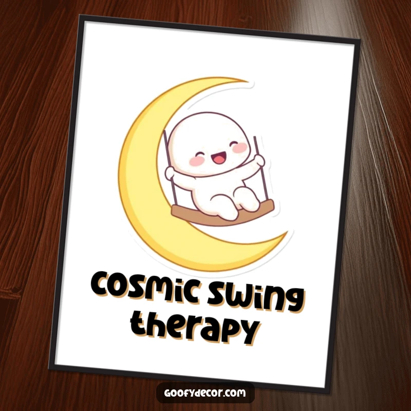 Funny laughing moon character swinging on a crescent moon, available as a digital art print for instant celestial decor.