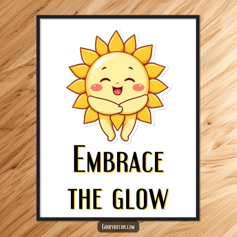Funny cheerful sun character giving a big, warm hug, available as a digital art print for instant radiant decor.