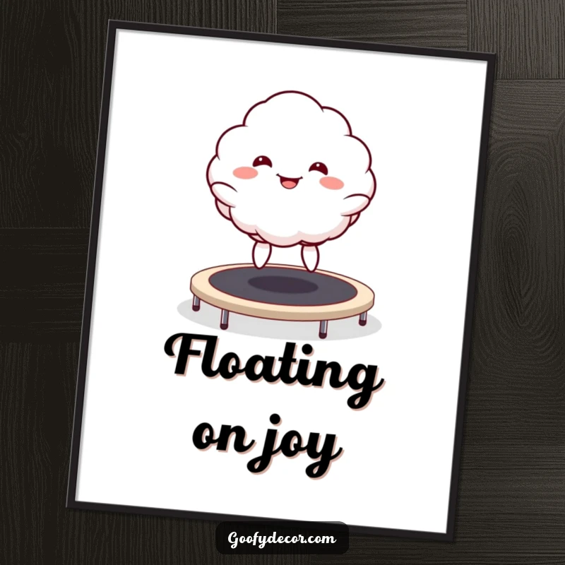 Funny Kawaii Cloud Digital Art Print of a goofy grinning cloud character energetically bouncing on a trampoline, radiating infectious joy.