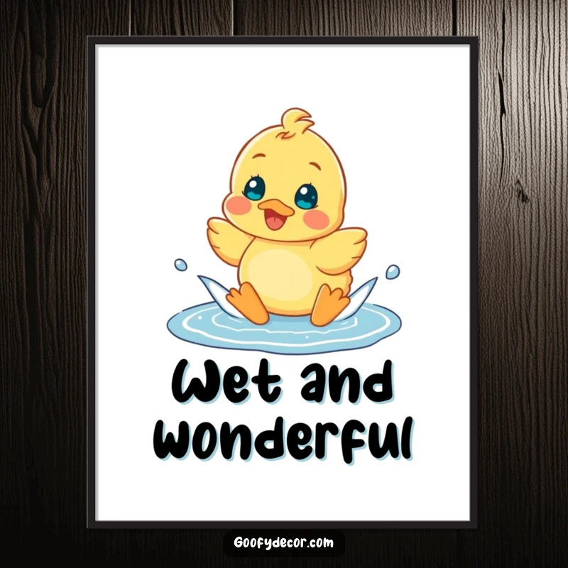 Funny cheerful duckling happily splashing in a puddle, available as a digital art print for instant decor.