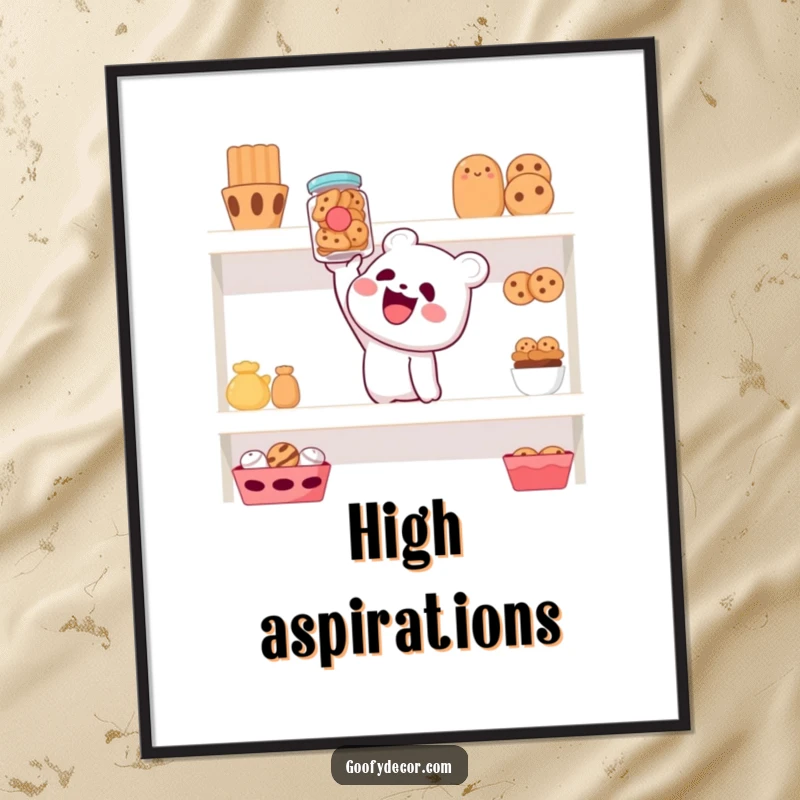 Funny digital art print of a cheerful character reaching for a cookie jar on a high shelf, a humorous wall decor piece.