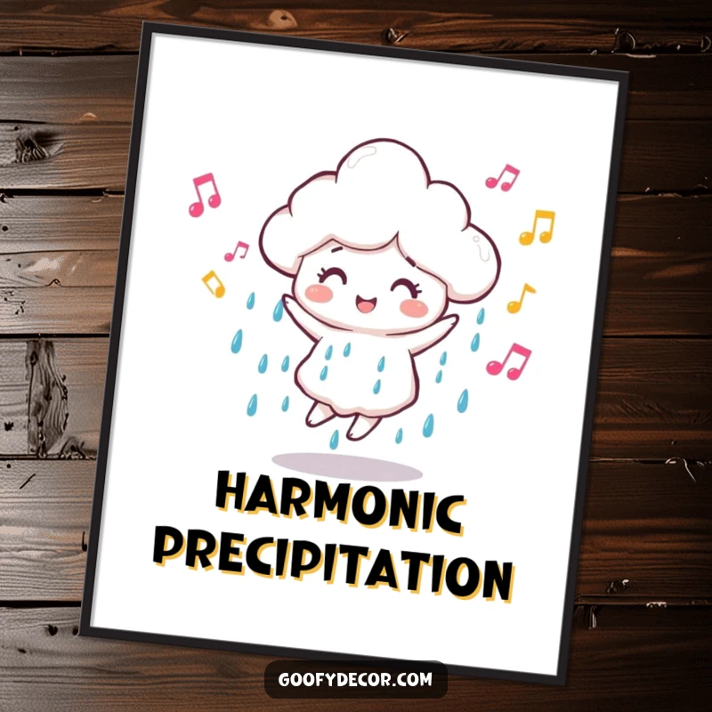 Funny dancing rain cloud digital art print of a happy cloud character surrounded by musical notes, ready to be printed for vibrant wall decor.