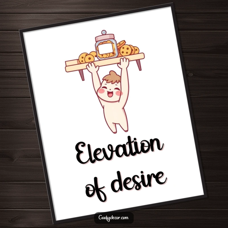 Funny digital art print of a cheerful character stretching to reach a cookie jar, conveying humorous desire and effort.