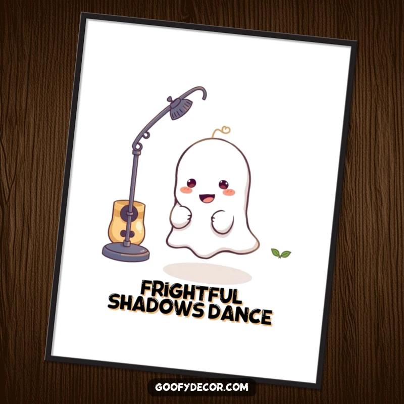 Funny digital art print of a mischievous little ghost character playfully hiding behind a lamp, for instant spooky decor.