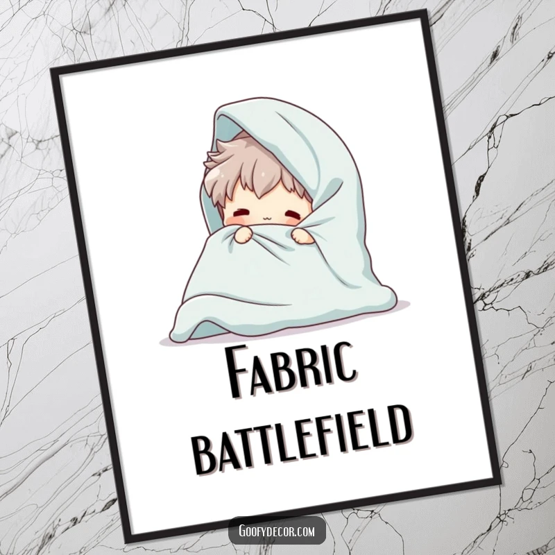 Funny Giant Blanket Digital Art Print of a playful character hilariously trying to fold an oversized blanket, suitable for instant download.