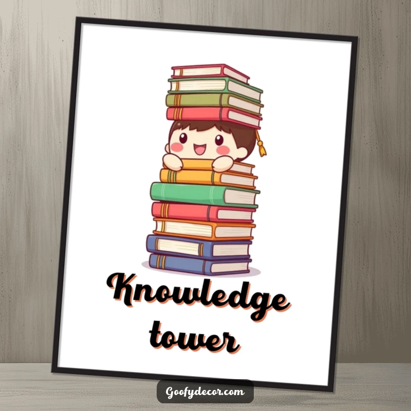 Funny happy character digital art print, humorously balancing a towering stack of books, perfect for bookish wall decor.