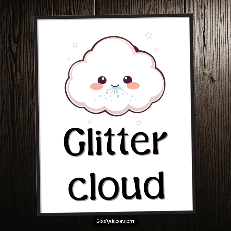 Funny digital art print of a kawaii cloud character sneezing a magical shower of glitter, adding whimsical decor.