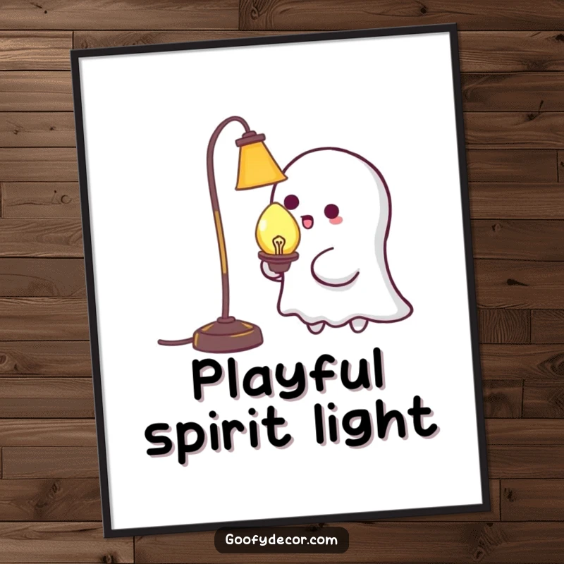 Funny Kawaii Ghost Tickling Lamp Digital Art Print: High-resolution art of a cute ghost playfully tickling a lamp, bringing instant charm and humor. A downloadable funny gift.