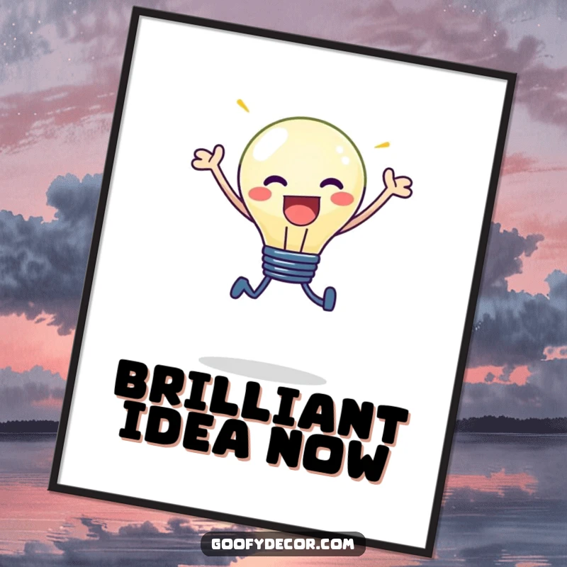 Funny kawaii lightbulb character with a brilliant glow, leaping joyfully, as a digital art print.