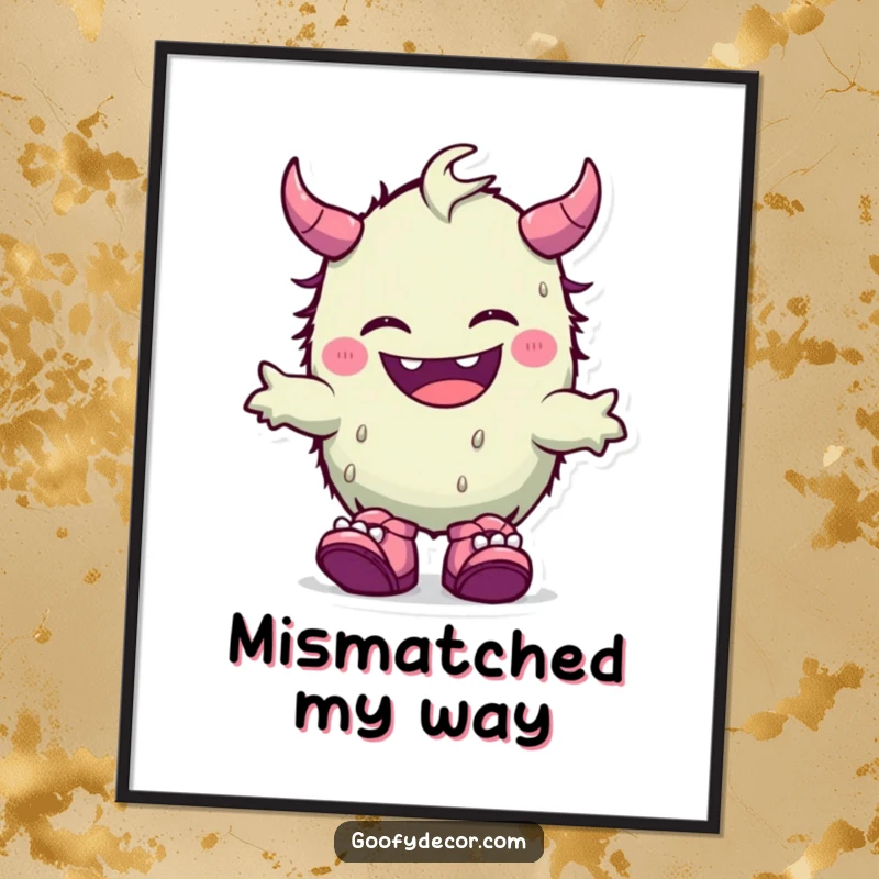 Funny digital art print of a giggling kawaii monster happily showing off its fun, mismatched shoes, radiating joy.