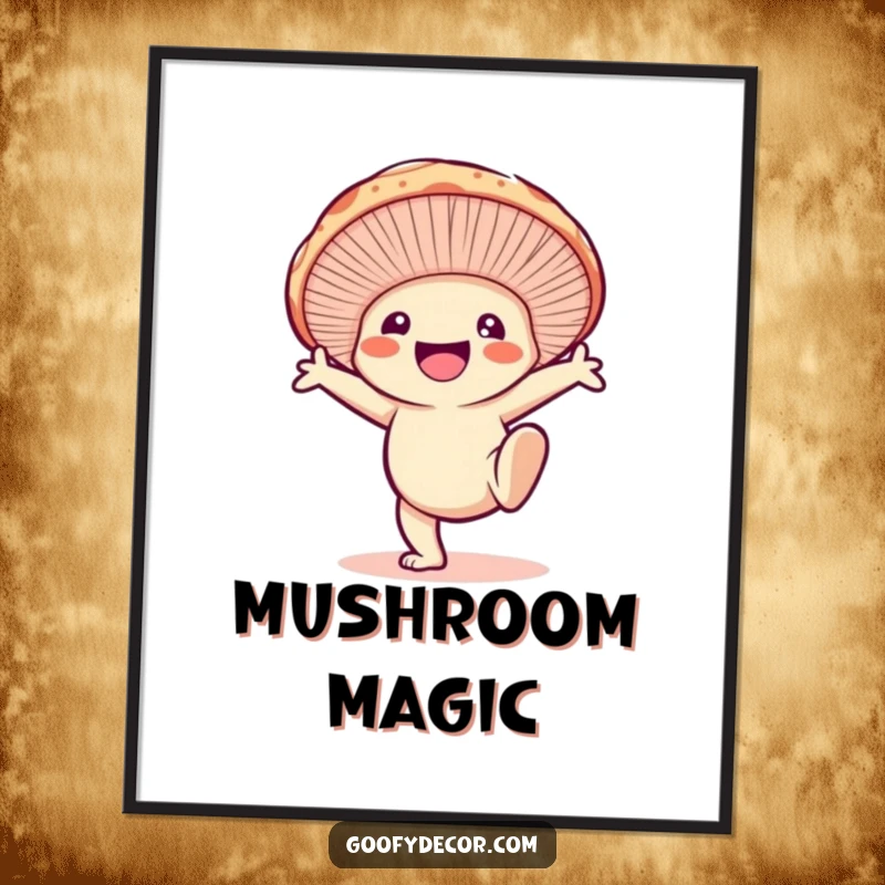 Funny digital art print of a smiling mushroom character doing an enthusiastic cartwheel, full of playful energy.