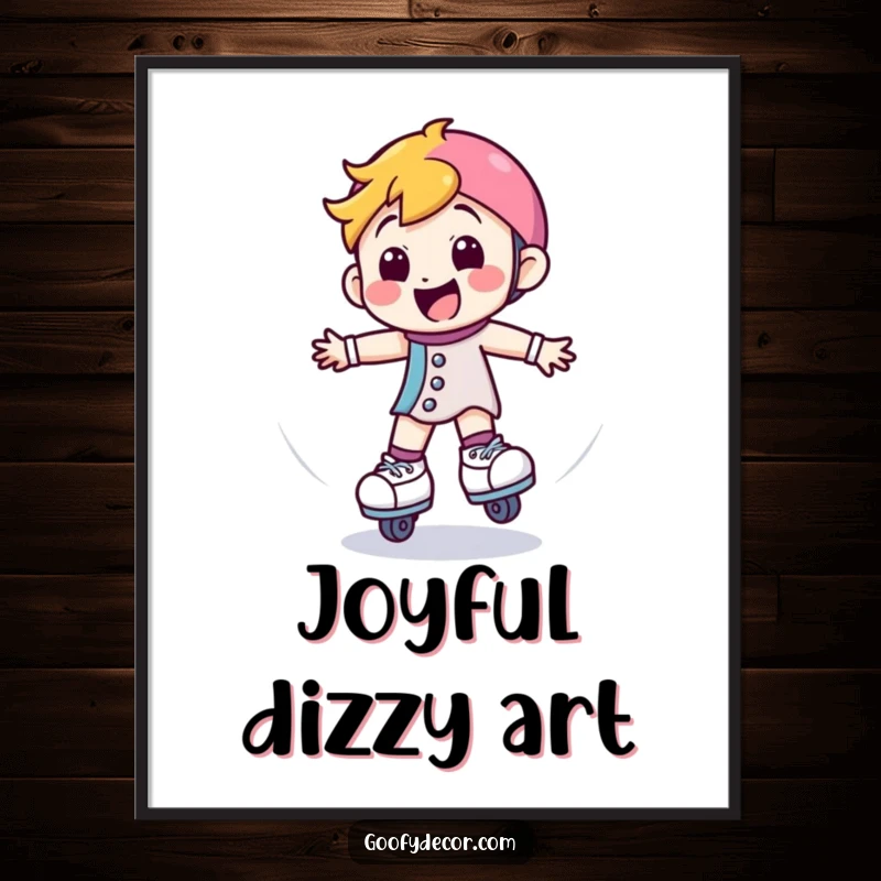 Funny digital art print of a happy roller skate character spinning, bringing instant energetic joy and a sense of motion.