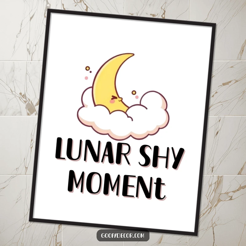Funny shy moon digital art print of a timid crescent moon peeking from a cloud, ready for printing and framing for calm decor.
