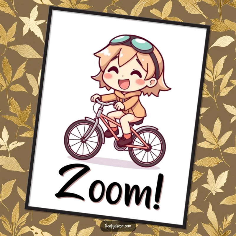 Funny digital art print of a joyful character riding a comically small bicycle, a humorous and uplifting wall decor.