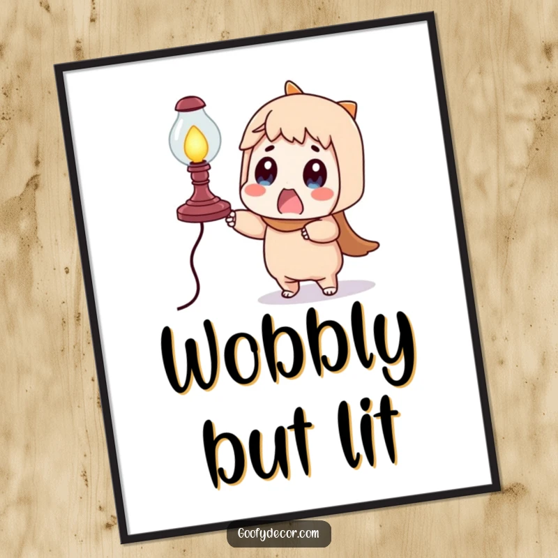 Funny surprised character digital art print, depicting a hilarious moment of panic with a wobbly lamp, for instant wall decor.