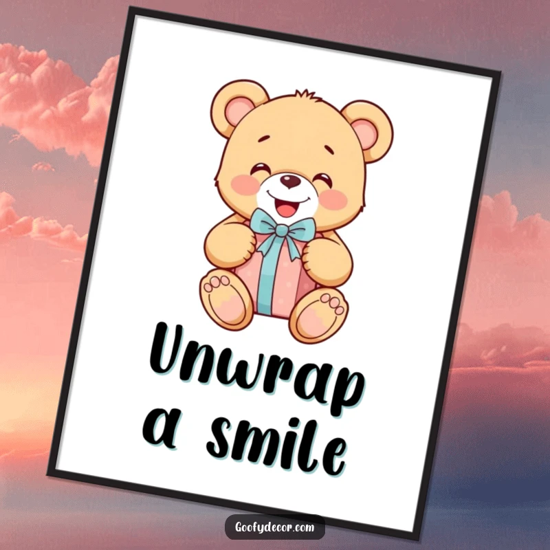 Funny cheerful teddy bear happily unwrapping a gift, offered as a downloadable digital art print for instant joyful decor.