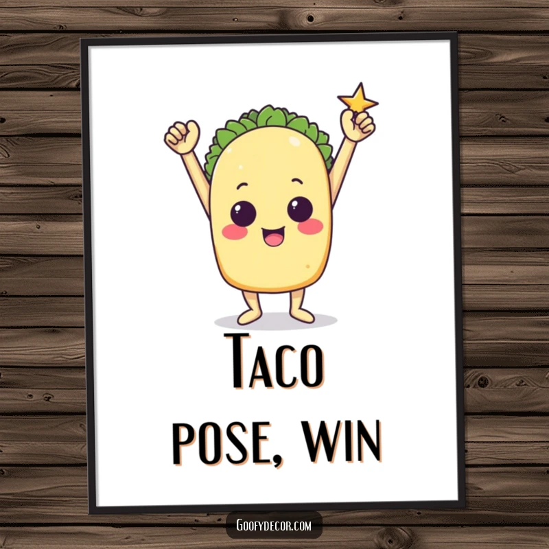 Funny digital art print of a triumphant taco character striking a proud victory pose.