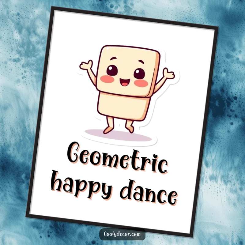 Funny digital art print of a square character enthusiastically doing a happy jig, perfect for instant download and adding infectious energy to walls.