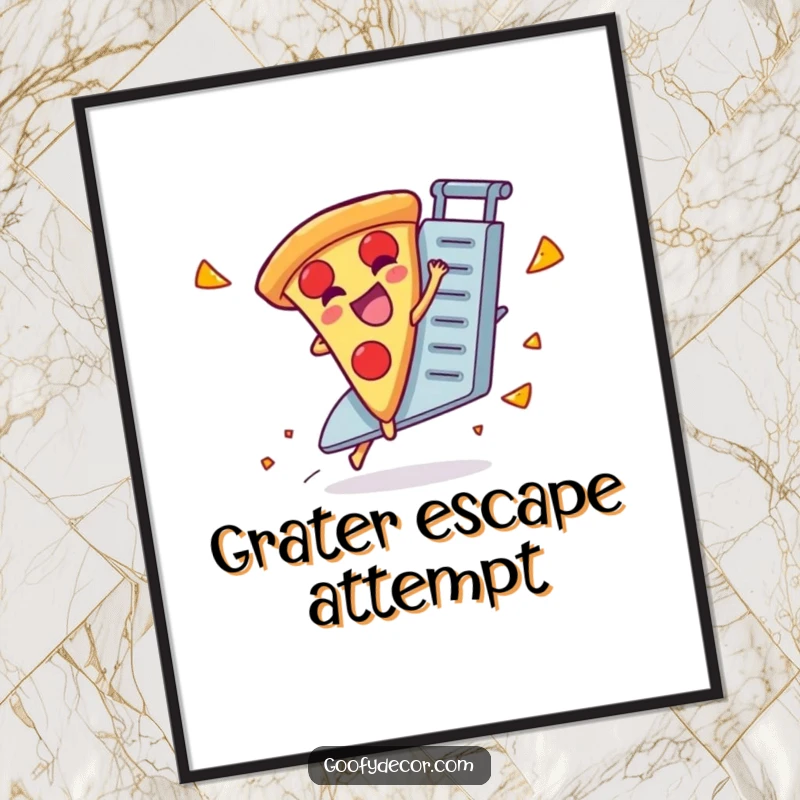 Funny digital art print of a giggling pizza slice character riding a runaway cheese grater.