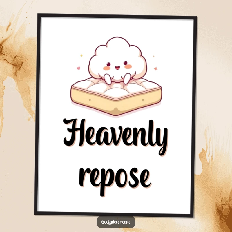 Funny digital art print of a giddy cloud character joyfully bouncing on a fluffy mattress, ready for instant download.