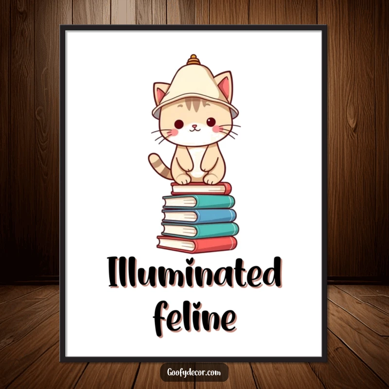 Funny Digital Art Print of a Kawaii cat wearing a lampshade hat, balancing on a stack of books, ideal for whimsical decor.