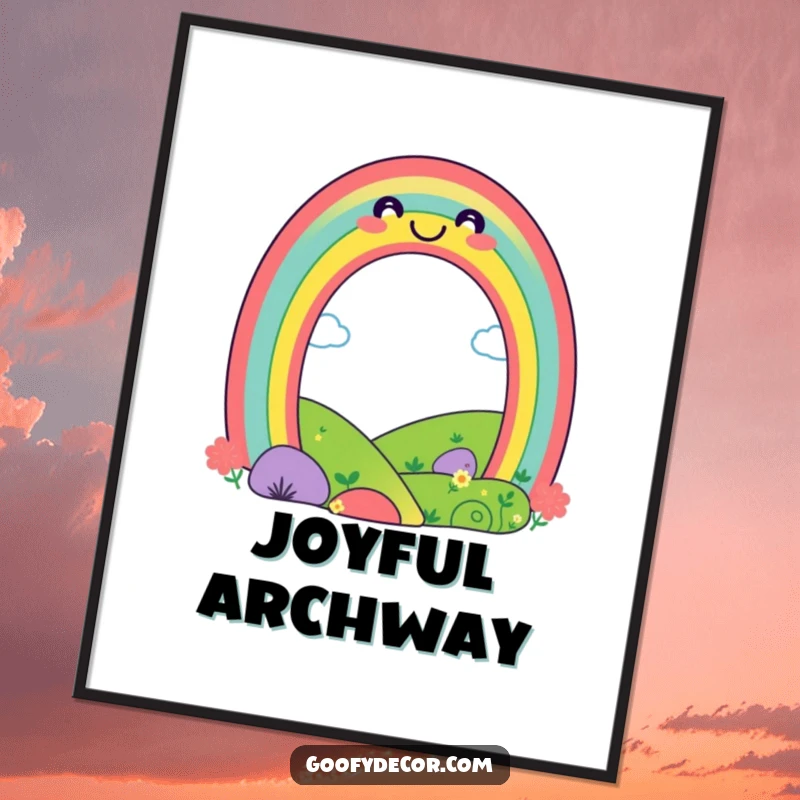 Funny playful rainbow digital art print of a smiling rainbow over a landscape, ready to be printed for vibrant and cheerful wall decor.