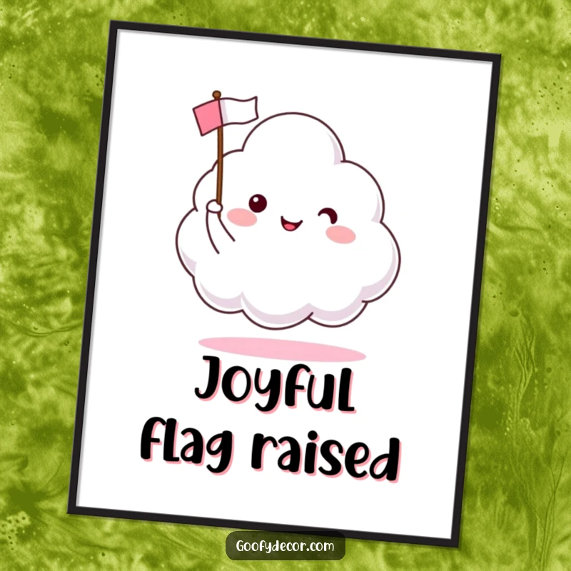 Funny digital art print of a happy cloud character waving a small flag, perfect for cheerful and instant home décor.