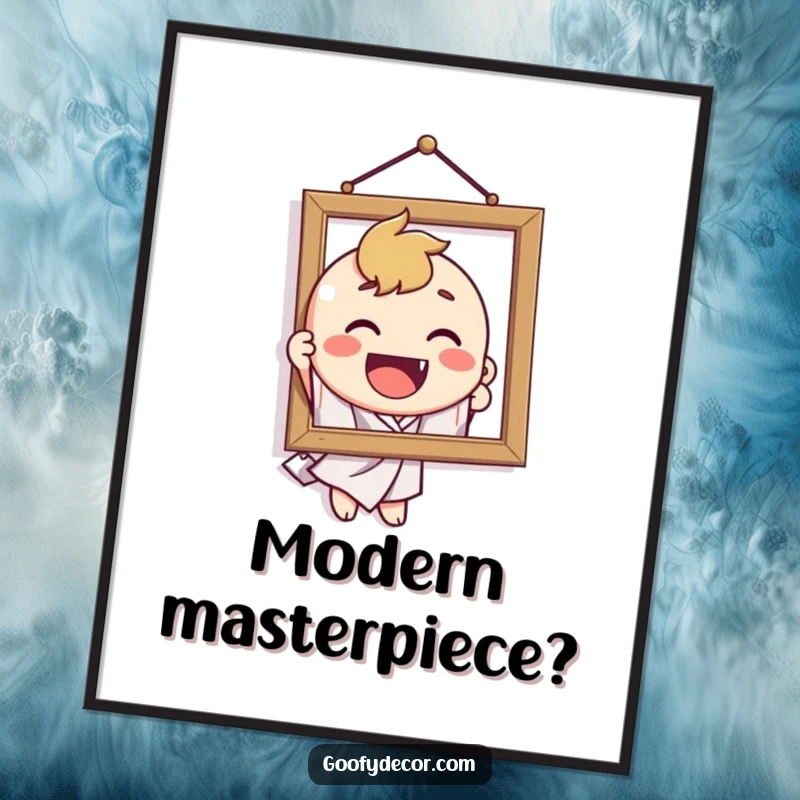 Funny digital art print of a delighted character hilariously hanging a crooked picture, a humorous wall decor piece.