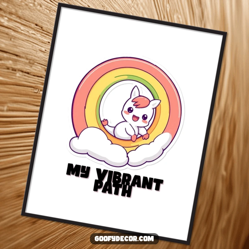 Funny mischievous rainbow character sliding down its own arc, humorous digital art print, perfect for vibrant decor.