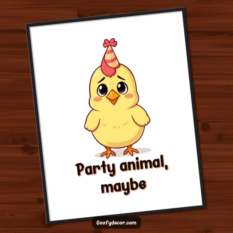 Funny digital art print of a confused rubber chicken wearing a festive, tiny party hat.