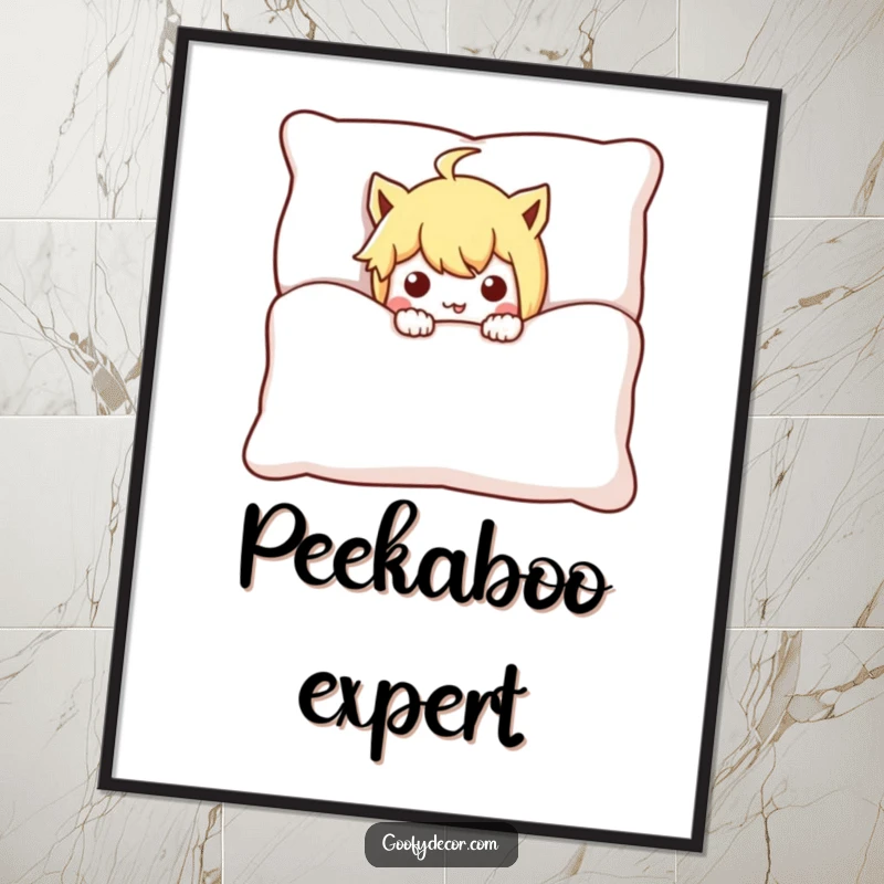 Funny mischievous character digital art print, humorously peeking from behind a large cushion, perfect for playful wall decor.