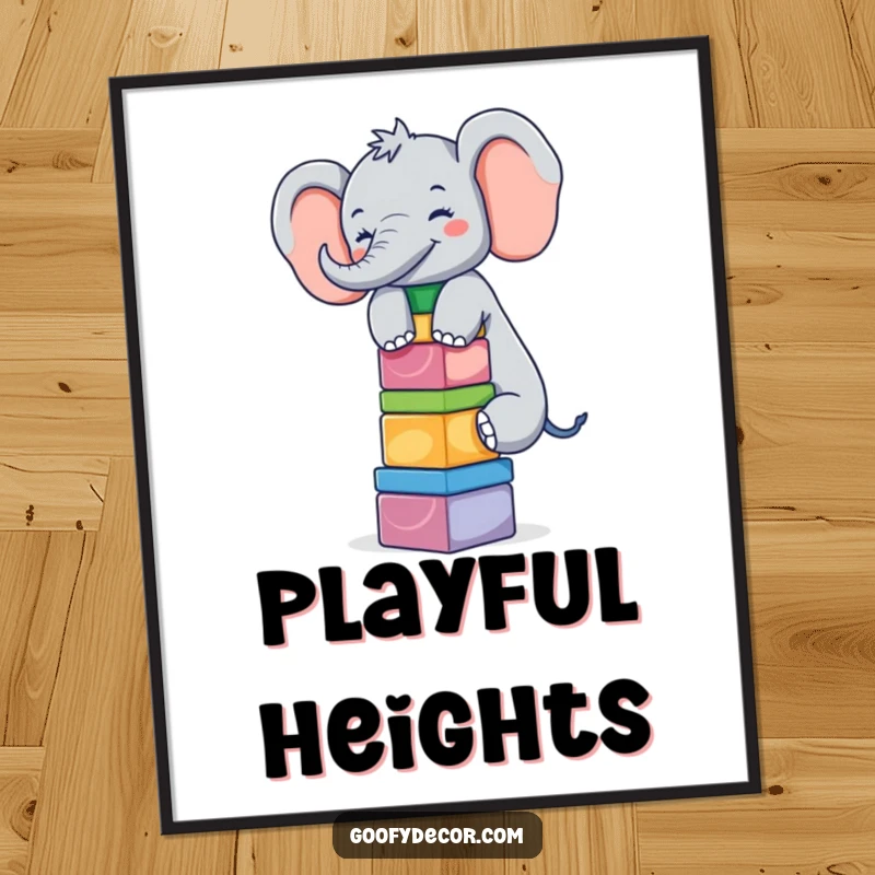 Funny giggling elephant balancing a stack of colorful blocks, a high-quality digital art print.