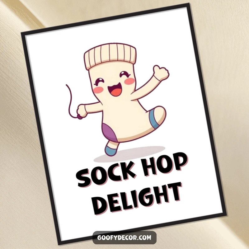 Funny kawaii happy sock character doing a playful dance with a dangling string, as a digital art print.