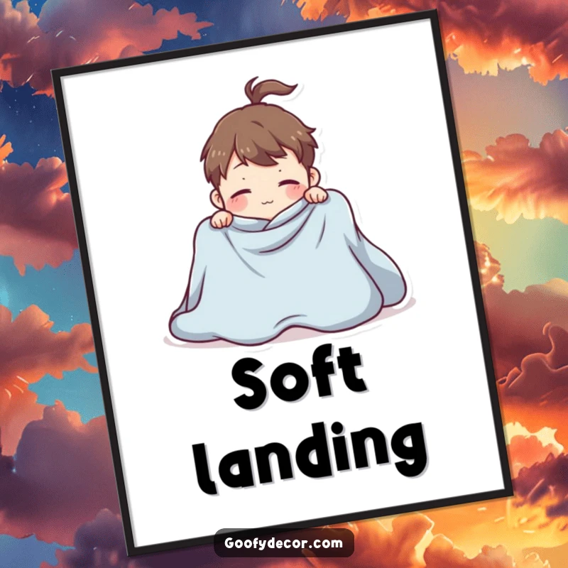 Funny digital art print of a playful character hilariously attempting to fold a giant blanket, a humorous wall decor piece.