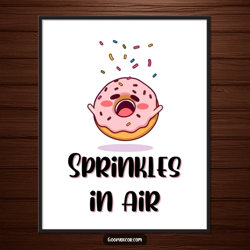 Funny digital art print of a startled donut character with colorful sprinkles scattering in the air.