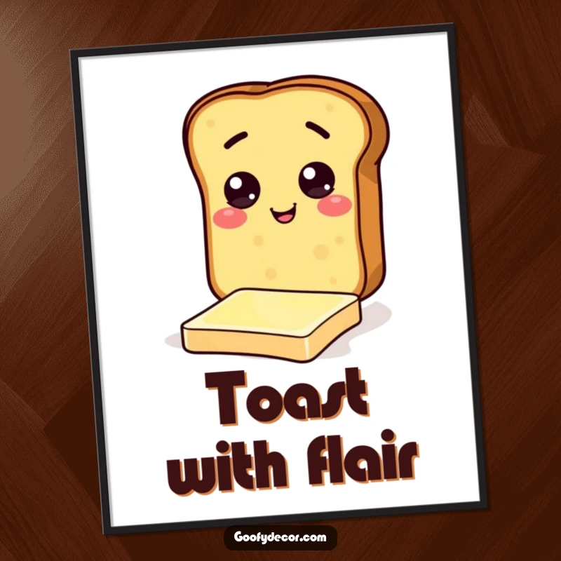 Funny digital art print of a cheerful toast character comically attempting to slide on butter, full of breakfast humor.
