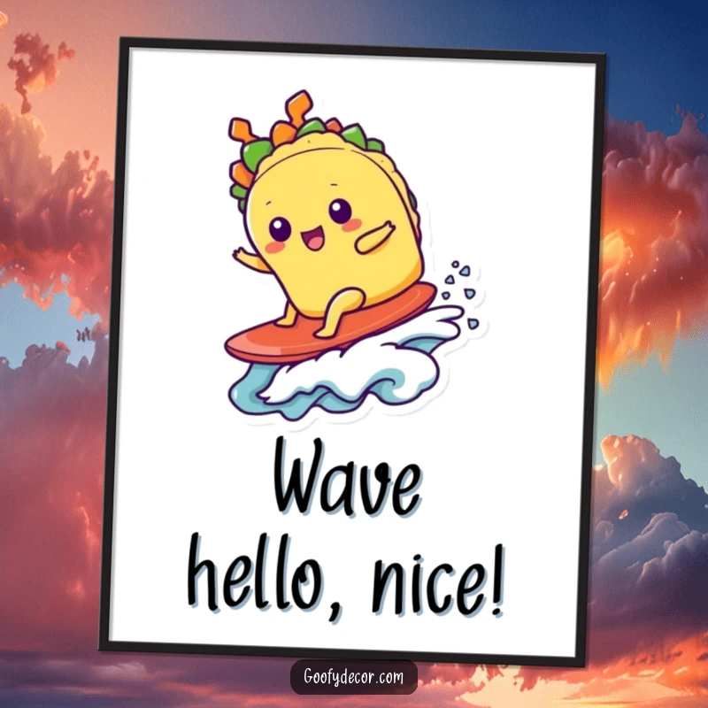Funny kawaii taco character surfing a miniature wave, available as a high-resolution digital art print for instant download.