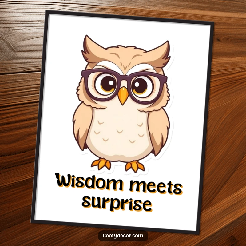 Funny owl digital art print of a determined character with glasses looking surprised, ideal for instant intellectual decor.