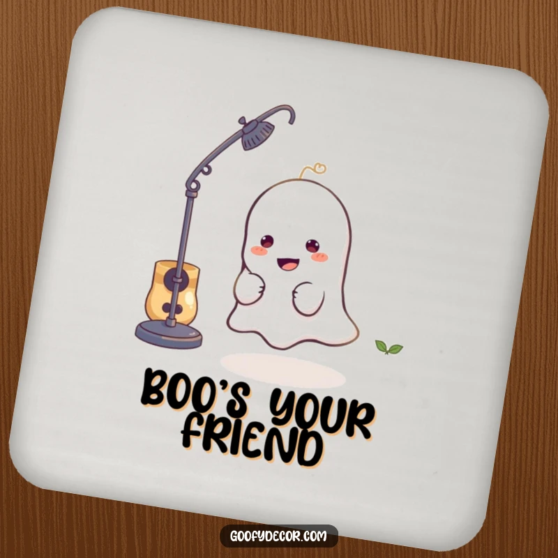 Funny coaster featuring a mischievous little ghost character playfully hiding behind a lamp, protecting surfaces with humor.
