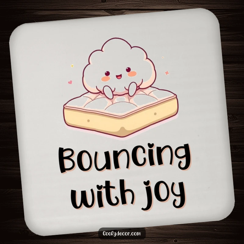 Funny drink coaster featuring a giddy cloud character joyfully bouncing on a fluffy mattress, offering surface protection with charm.