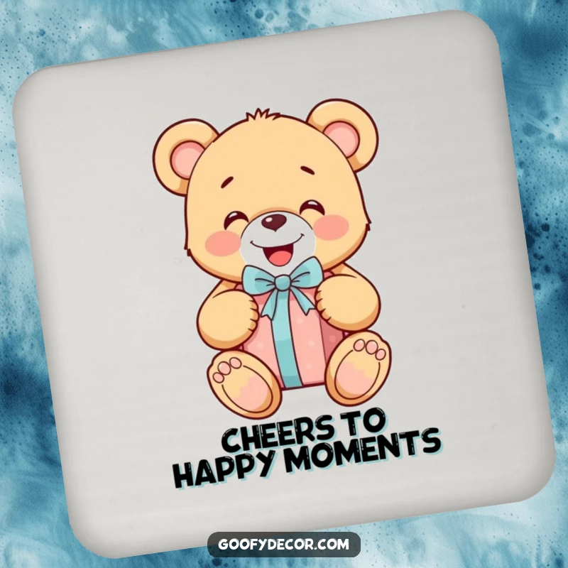 Funny cheerful teddy bear happily unwrapping a gift on a drink coaster, adding joy and surface protection.