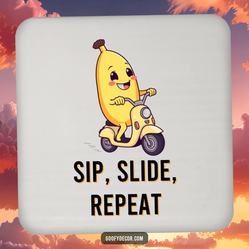 Funny drink coaster with a grinning banana riding a scooter, protecting surfaces with fruity humor and style.