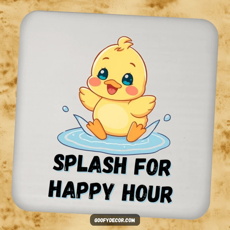 Funny cheerful duckling character splashing happily in a puddle on a drink coaster, adding charm.