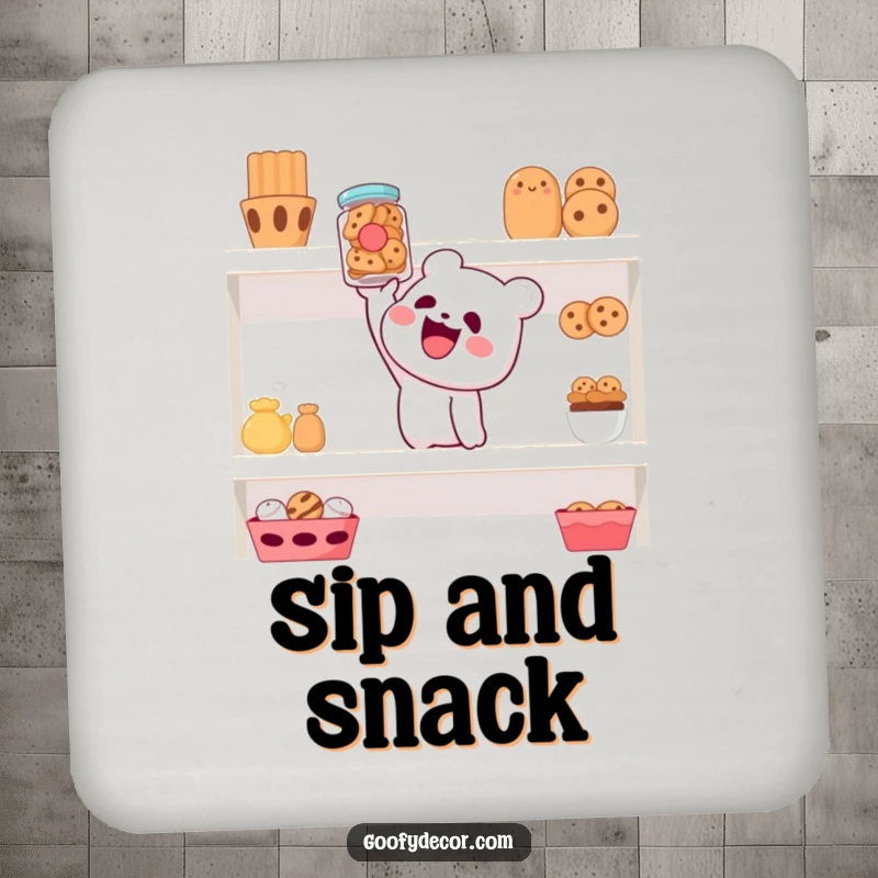 Funny coaster showing a cheerful character reaching for a cookie jar on a high shelf, a humorous table accessory.