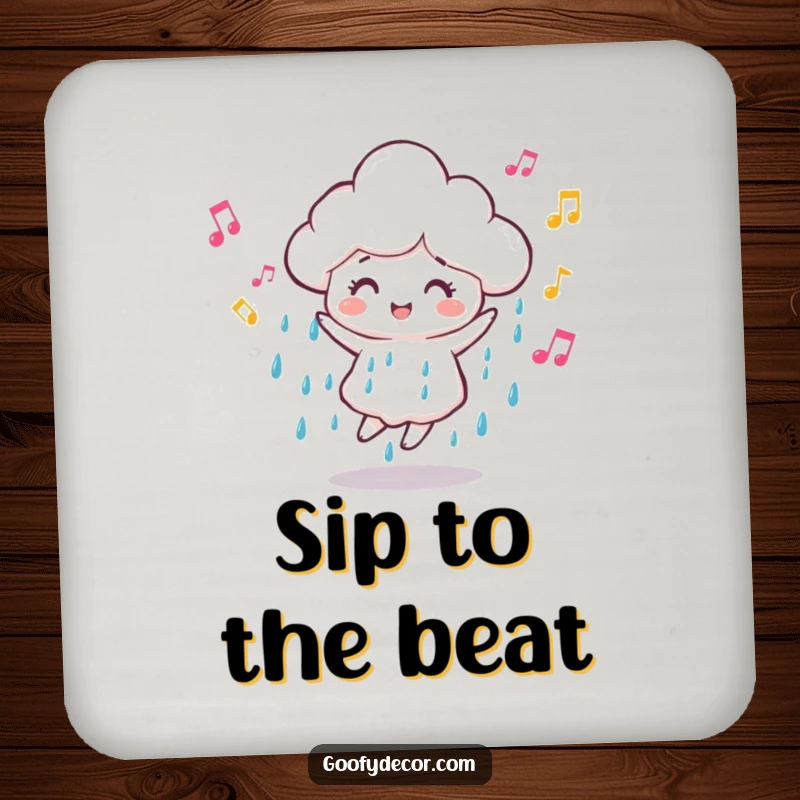 Funny dancing rain cloud drink coaster showing a happy cloud character with musical notes, perfect for protecting tables with musical flair.