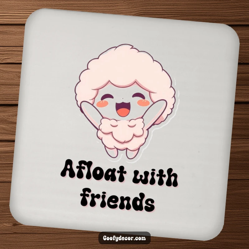 Funny drink coaster featuring a fluffy character joyfully floating upwards, protecting surfaces with a dose of infectious peaceful lightness.