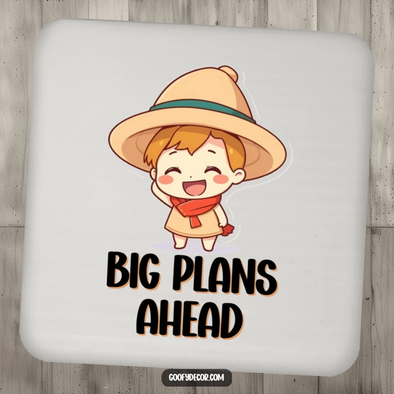 Funny grinning character drink coaster, comically donning an oversized hat, adding a touch of playful style.